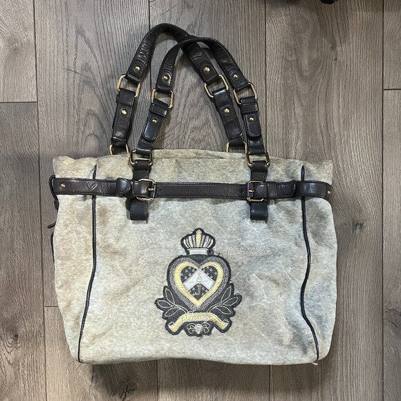 Vintage Juicy Couture Gray Purse XL Tote Handbag Velour Daydreamer Y2K Hearts - Picture 1 of 10